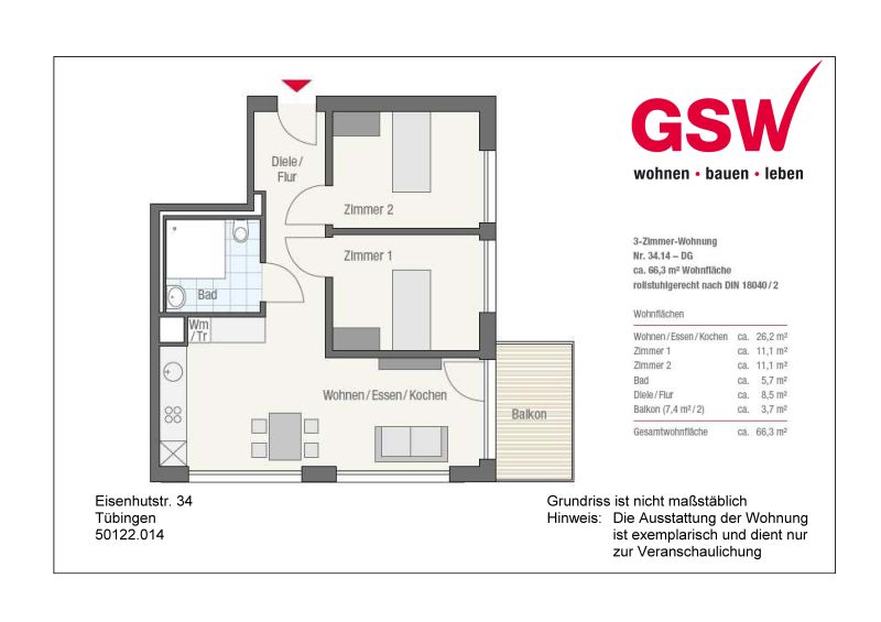 Rollstuhlgerechte 3-Zimmerwohnung mit Balkon in Tübingen - Photo 2